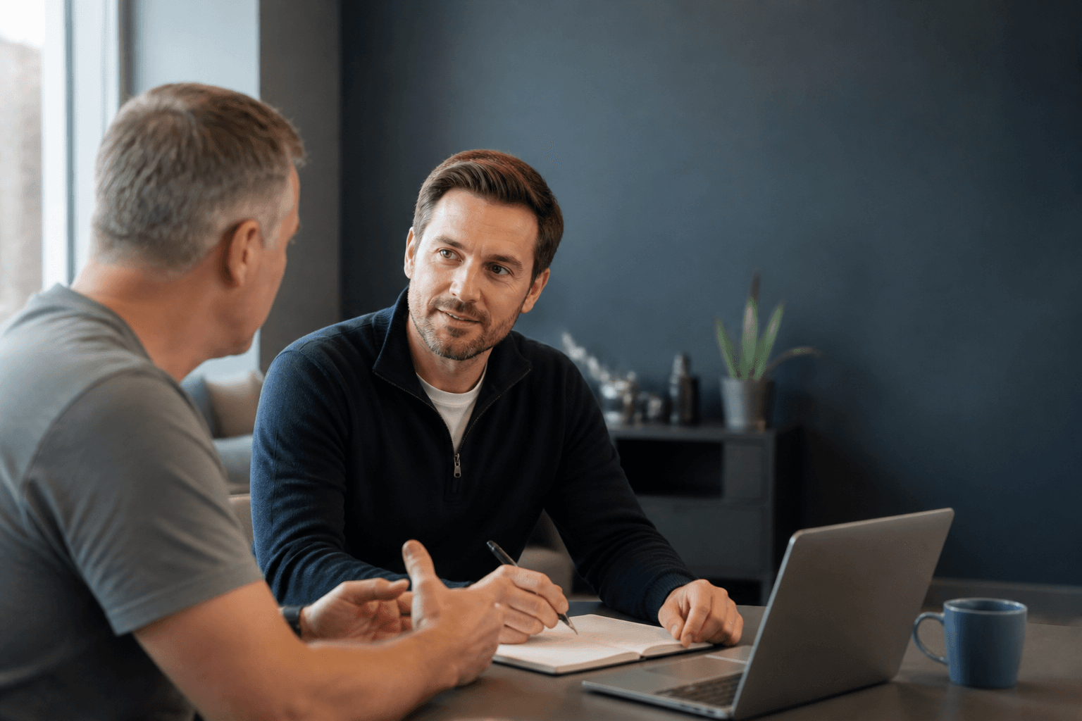 A technology specialist listening during a business consultation